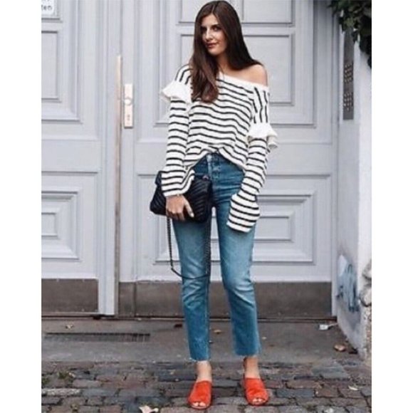 Zara Ruffle Sweater Sz Small Blue White Stripe Long Sleeve Knit Pullover Stretch - Picture 2 of 11